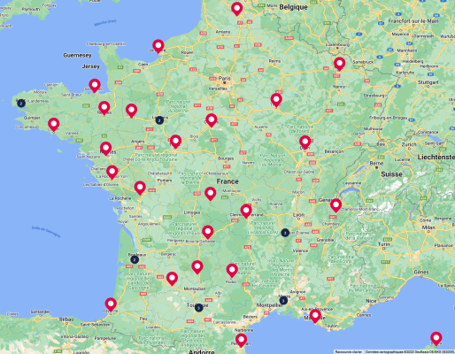 carte de France avec les emplacements des Geiq BTP