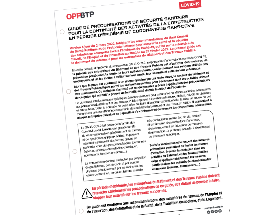 Le Guide de préconisations de sécurité sanitaire de l'OPPBTP ne s'appliquera plus au 14 mars
