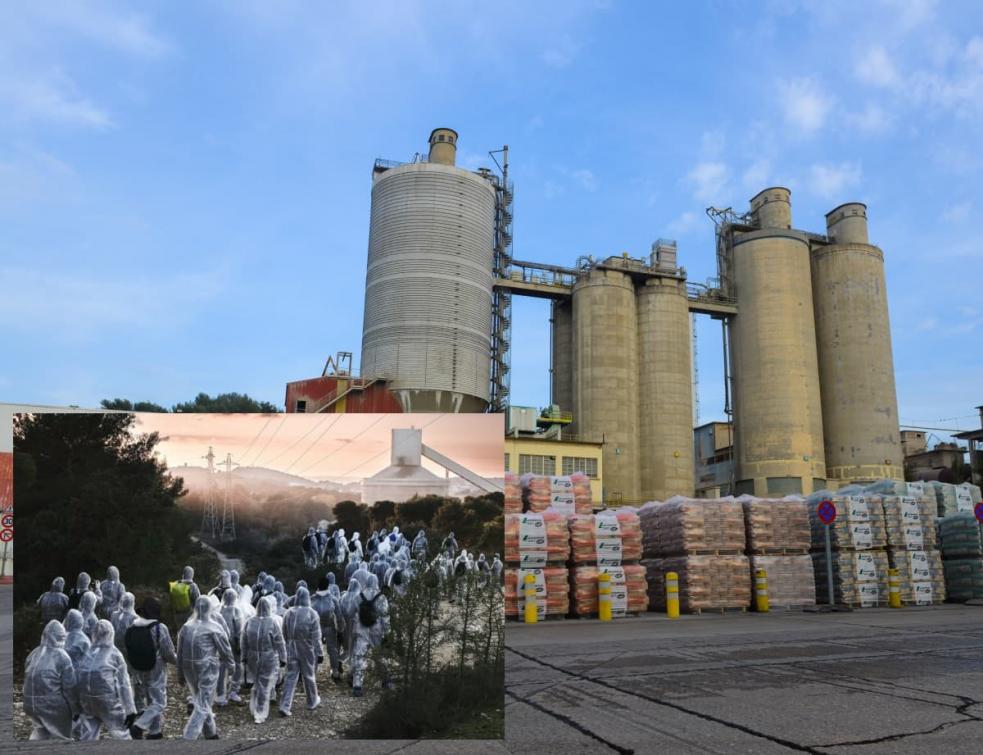 Montage photo : l'usine La Malle de Lafarge et une photo d'activistes marchant dans sa direction