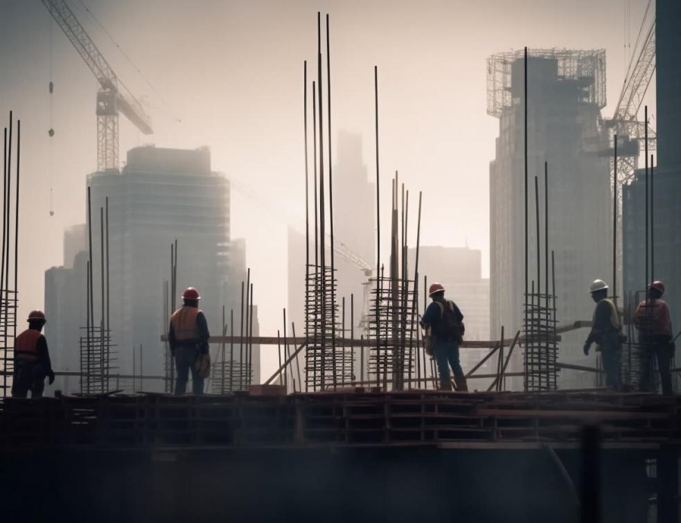 Ouvriers du BTP sur un chantier dans le brouillard