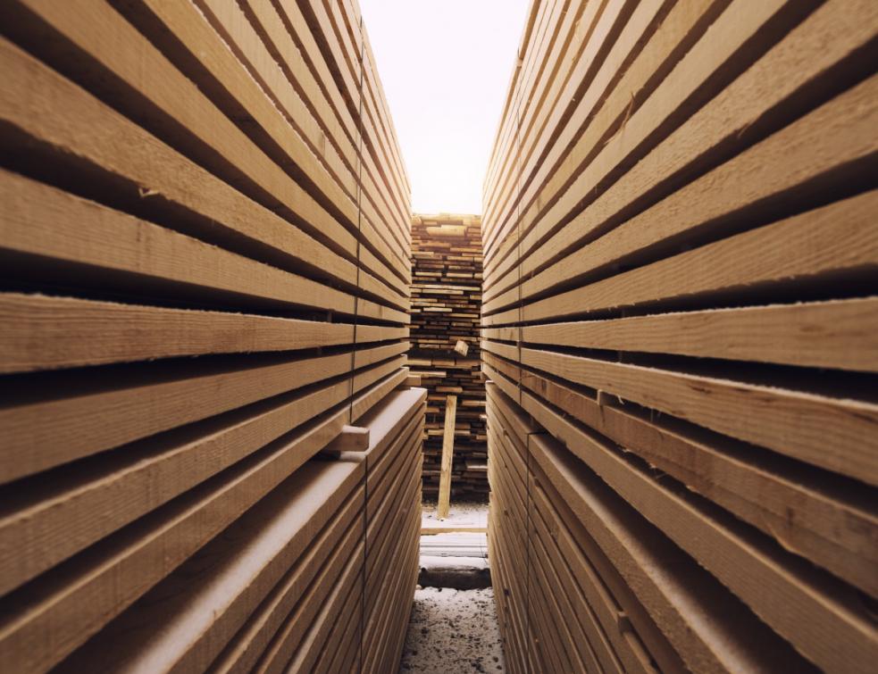 piles de planches en bois dans une scierie